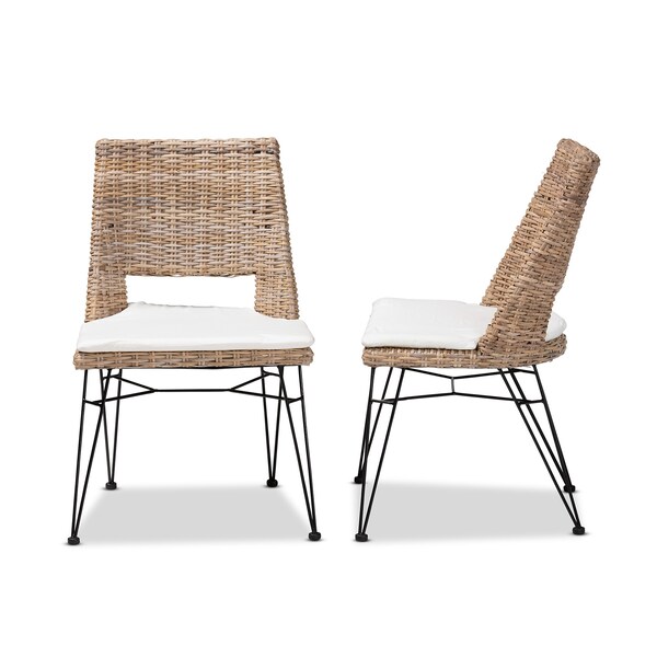 Baxton Studio Nafaro Modern Bohemian Greywashed Natural Rattan Metal Dining Chair with Cushion 2Piece Set, PR - 214-2PC-12798-ZORO