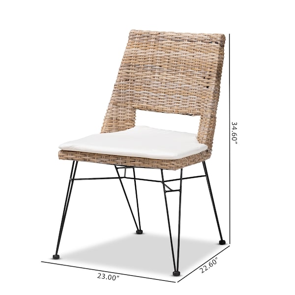 Baxton Studio Nafaro Modern Bohemian Greywashed Natural Rattan Metal Dining Chair with Cushion 2Piece Set, PR - 214-2PC-12798-ZORO