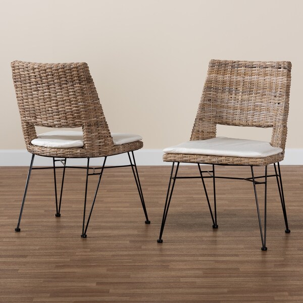 Baxton Studio Nafaro Modern Bohemian Greywashed Natural Rattan Metal Dining Chair with Cushion 2Piece Set, PR - 214-2PC-12798-ZORO