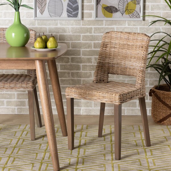 Bali & Pari Magy Modern Bohemian Grey Rattan and Natural Brown Finished Wood Dining Chair - 209-12792