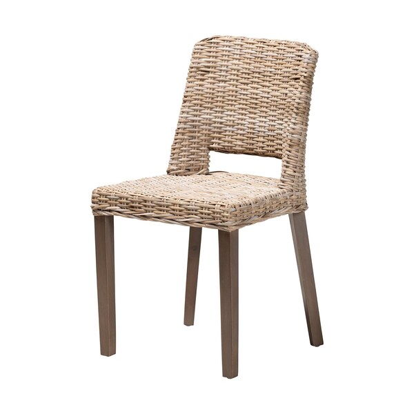 Bali & Pari Magy Modern Bohemian Grey Rattan and Natural Brown Finished Wood Dining Chair - 209-12792