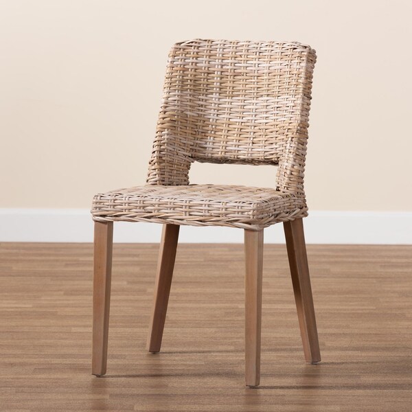 Bali & Pari Magy Modern Bohemian Grey Rattan and Natural Brown Finished Wood Dining Chair - 209-12792