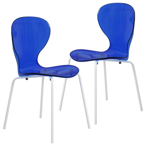 Leisuremod Modern Oyster Transparent Side Dining Side Chair with White Base in Blue, 2PK - OCW-17TBU2