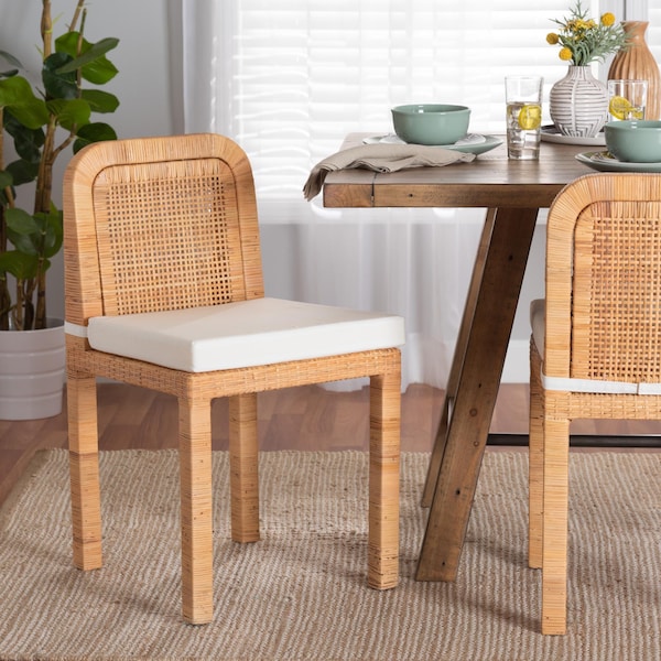 Baxton Studio Zariah Modern Bohemian Natural Brown Rattan and Mahogany Wood 2-Piece Dining Chair Set, PR - 233-2PC-13171-ZORO