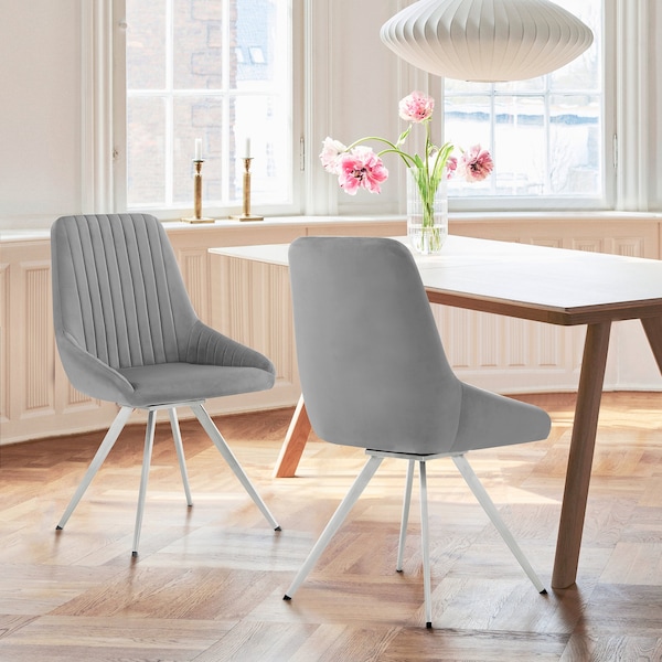 Armen Living Skye Swivel Gray Velvet and Brushed Stainless Steel Dining Room Chairs - Set of 2 - LCSKSIGR