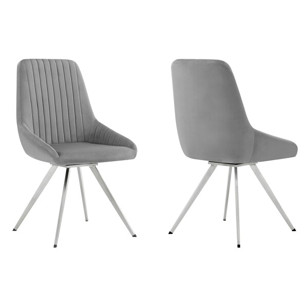 Armen Living Skye Swivel Gray Velvet and Brushed Stainless Steel Dining Room Chairs - Set of 2 - LCSKSIGR