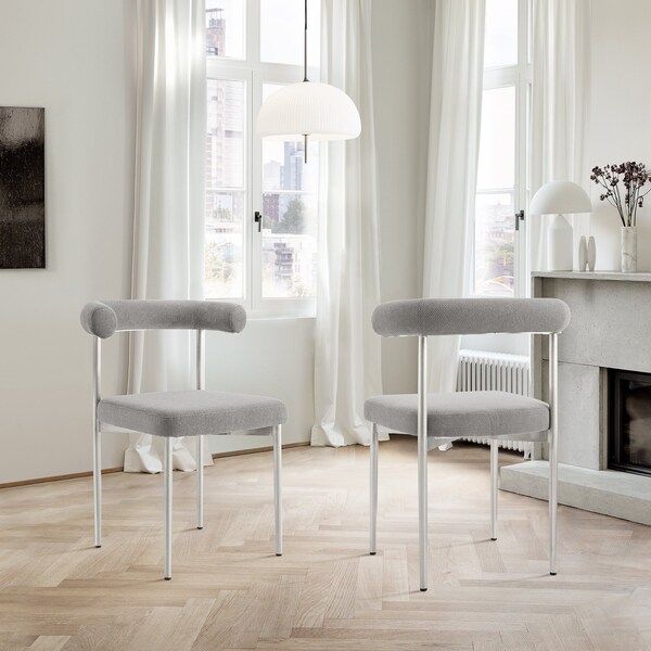 Armen Living Shannon Dining Chair with Brushed Stainless Steel and Light Gray Fabric - Set of 2 - LCSNSIBSLGRY