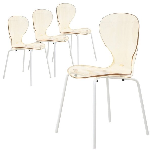 Leisuremod Modern Oyster Transparent Side Dining Side Chair with White Base in Amber, 4PK - OCW-17A4
