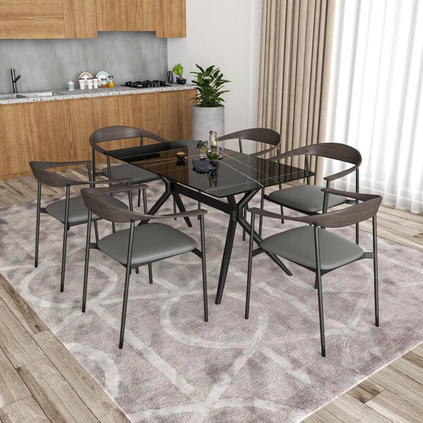 Leisuremod Kora Modern Leather Dining Arm Chair with Iron Legs in Charcoal, 4PK - KCWN-21CHR4