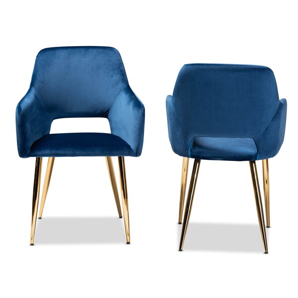 Baxton Studio Germaine Blue Velvet Gold Finished 2-Piece Metal Dining Chair Set - 160-9914