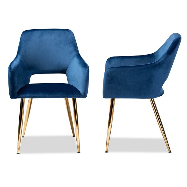 Baxton Studio Germaine Blue Velvet Gold Finished 2-Piece Metal Dining Chair Set - 160-9914