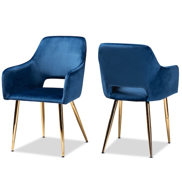 Baxton Studio Germaine Blue Velvet Gold Finished 2-Piece Metal Dining Chair Set - 160-9914