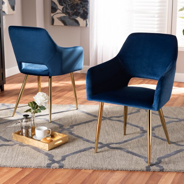 Baxton Studio Germaine Blue Velvet Gold Finished 2-Piece Metal Dining Chair Set - 160-9914