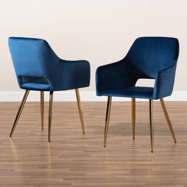 Baxton Studio Germaine Blue Velvet Gold Finished 2-Piece Metal Dining Chair Set - 160-9914
