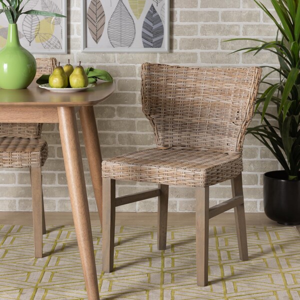 Bali & Pari Enver Modern Bohemian Grey Rattan and Brown Wood Dining Chair - 209-12799