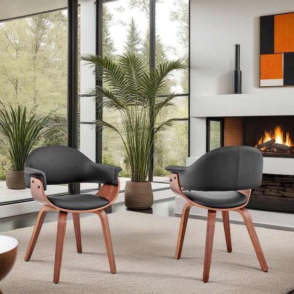 Armen Living Adalyn Black Faux Leather and Walnut Wood Dining Room Accent Chair - LCADCHWABL