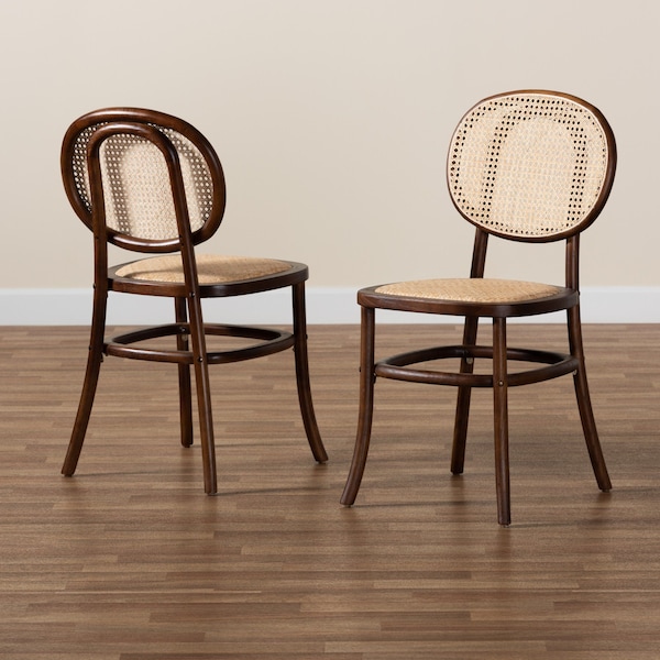 Baxton Studio Garold Mid-Century Brown Woven Rattan and Walnut Brown Wood 2-Piece Cane Dining Chair Set PR - 195-2PC-12387-ZORO