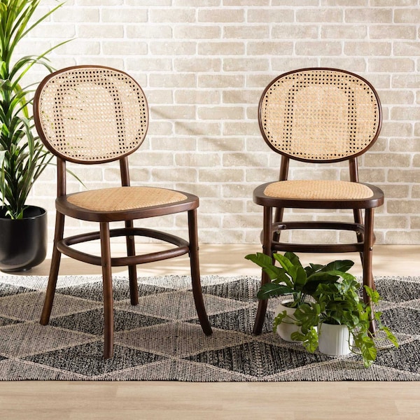 Baxton Studio Garold Mid-Century Brown Woven Rattan and Walnut Brown Wood 2-Piece Cane Dining Chair Set PR - 195-2PC-12387-ZORO
