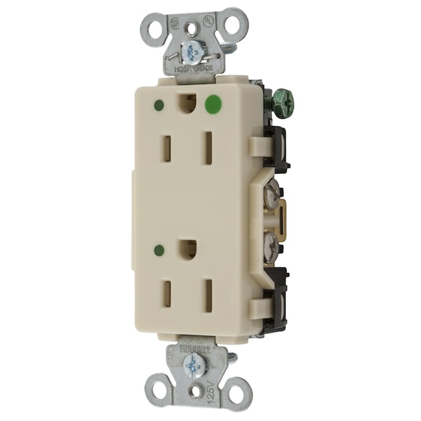 Hubbell Wiring Device-Kellems Straight Blade Devices, Decorator Duplex Receptacle, Hospital Grade, Hubbell-Pro, LED Indicator, 15A 125V, 2-Pole 3-Wire Grounding, 5-15R, Ivory - 2172IVL