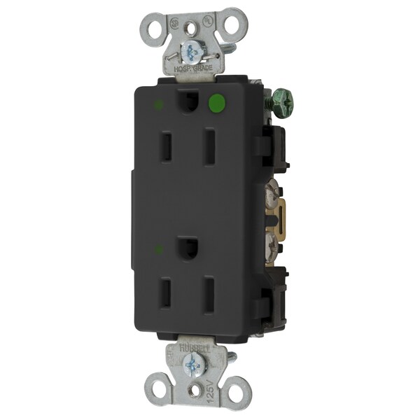 Hubbell Wiring Device-Kellems Straight Blade Devices, Decorator Duplex Receptacle, Hospital Grade, Hubbell-Pro, LED Indicator, 15A 125V, 2-Pole 3-Wire Grounding, 5-15R, Black - 2172BKL