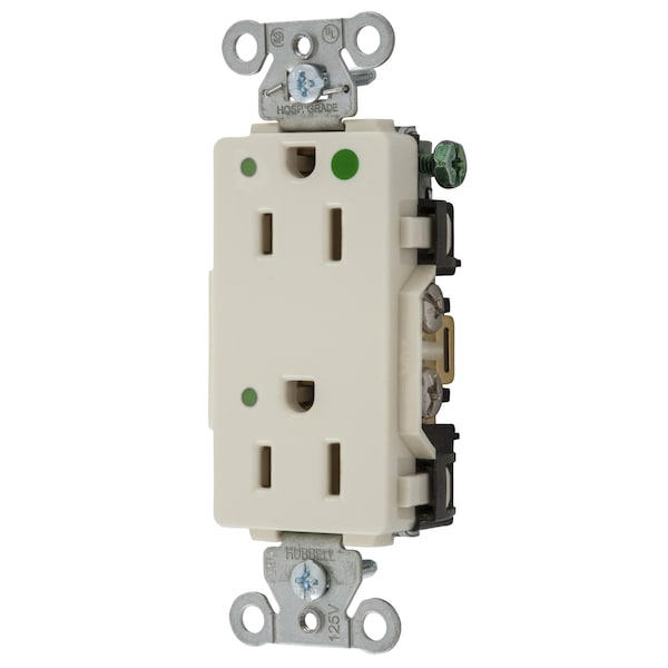 Hubbell Wiring Device-Kellems Straight Blade Devices, Decorator Duplex Receptacle, Hospital Grade, Hubbell-Pro, LED Indicator, 20A 125V, 2-Pole 3-Wire Grounding, 5-20R - 2182LAL
