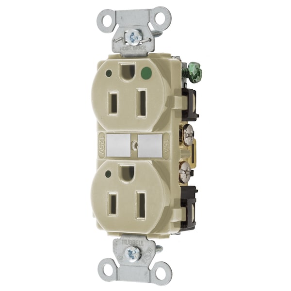 Hubbell Wiring Device-Kellems Straight Blade Devices, Duplex Receptacle, Hubbell-Pro, Hospital Grade, LED Indicator, 2-Pole 3-Wire Grounding, 15A 125V, 5-15R, Ivory - 8200IVL