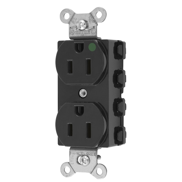 Hubbell Wiring Device-Kellems Straight Blade Devices, Receptacles, Duplex, SNAPConnect, Hospital Grade, 15A 125V, 2-Pole 3-Wire Grounding, 5-15R, Nylon, Black, USA - SNAP8200BKNA