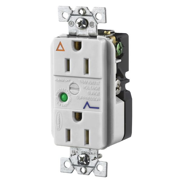 Hubbell Wiring Device-Kellems IG TVSS Duplex Receptacle with Light and Alarm, 15A 125V, 5-15R, Office White - IG5262OWSA