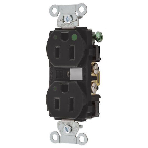 Hubbell Wiring Device-Kellems Straight Blade Devices, Duplex Receptacle, Hubbell-Pro, Hospital Grade, LED Indicator, 2-Pole 3-Wire Grounding, 15A 125V, 5-15R, Black. - 8200BKL