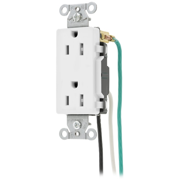 Hubbell Wiring Device-Kellems Straight Blade Devices, Receptacles, Tamper-Resistant Duplex, Decorator/Commercial/Industrial Grade, 20A 125V, 5-20R, Pre-Wired 8" Solid Leads. - DR15WHITRP1