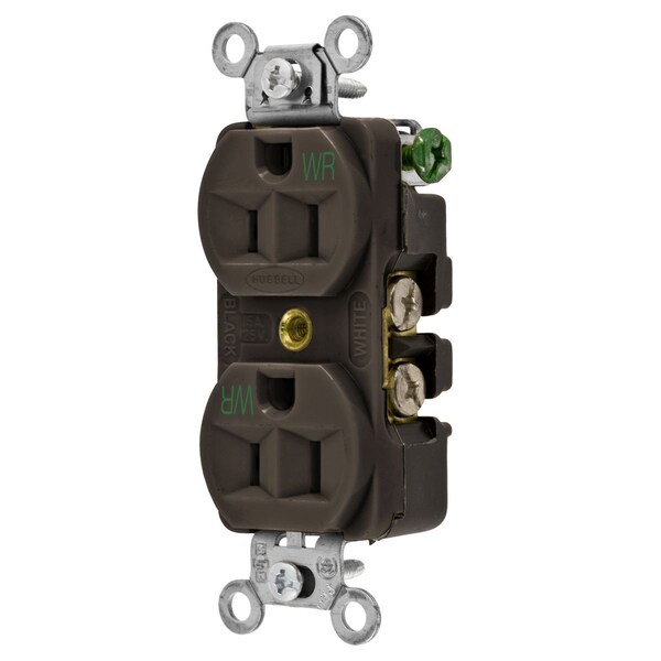 Hubbell Wiring Device-Kellems Straight Blade Devices, Weather Resistant Receptacles, Duplex, Commercial/Industrial Grade, 2-Pole 3-Wire Grounding, 15A 125V, 5-15R, Brown - 5262WR