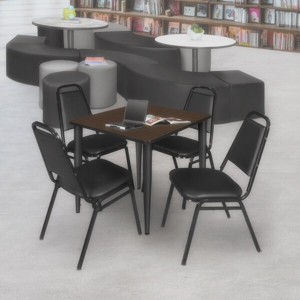 Regency Square Kahlo Breakroom Table W/ 4 Restaurant Stack Chairs, 30 in W, 30 in L, Neo Walnut - TPL3030NWBK29BK