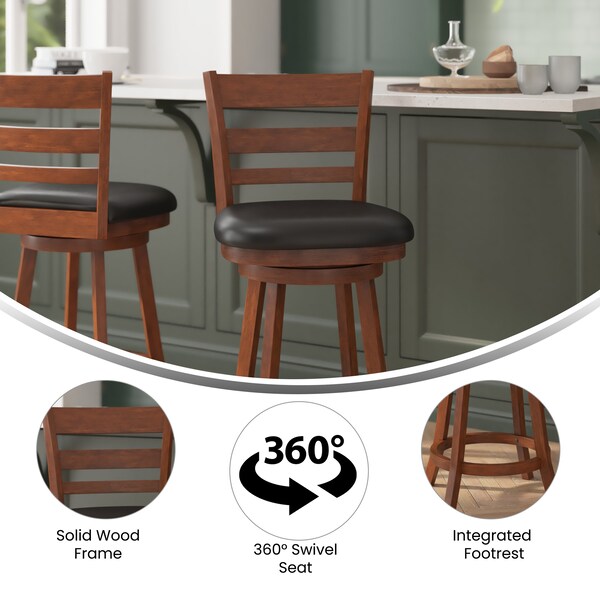 Flash Furniture Zerrick Commercial Wood Classic Ladderback Swivel Counter Stool w/Black LeatherSoft Seat, Antiq Oak - ES-UN3-24-OAK-GG