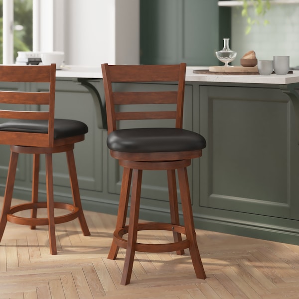 Flash Furniture Zerrick Commercial Wood Classic Ladderback Swivel Counter Stool w/Black LeatherSoft Seat, Antiq Oak - ES-UN3-24-OAK-GG