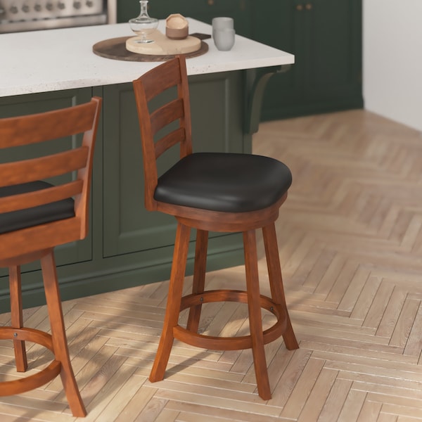 Flash Furniture Zerrick Commercial Wood Classic Ladderback Swivel Counter Stool w/Black LeatherSoft Seat, Antiq Oak - ES-UN3-24-OAK-GG