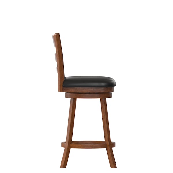 Flash Furniture Zerrick Commercial Wood Classic Ladderback Swivel Counter Stool w/Black LeatherSoft Seat, Antiq Oak - ES-UN3-24-OAK-GG