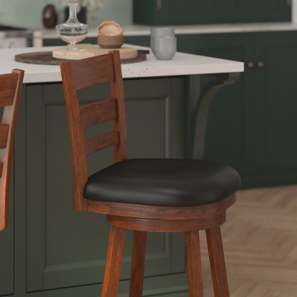 Flash Furniture Zerrick Commercial Wood Classic Ladderback Swivel Counter Stool w/Black LeatherSoft Seat, Antiq Oak - ES-UN3-24-OAK-GG
