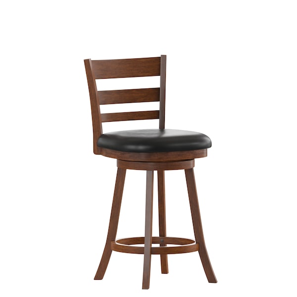 Flash Furniture Zerrick Commercial Wood Classic Ladderback Swivel Counter Stool w/Black LeatherSoft Seat, Antiq Oak - ES-UN3-24-OAK-GG