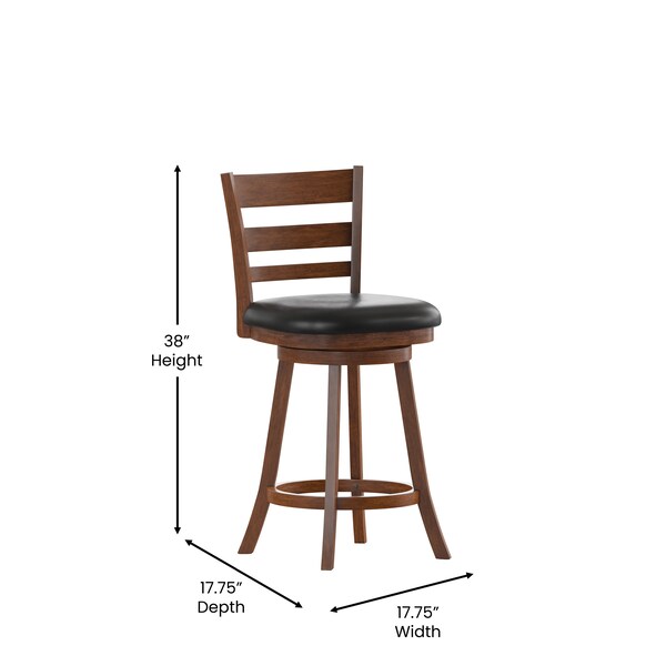 Flash Furniture Zerrick Commercial Wood Classic Ladderback Swivel Counter Stool w/Black LeatherSoft Seat, Antiq Oak - ES-UN3-24-OAK-GG