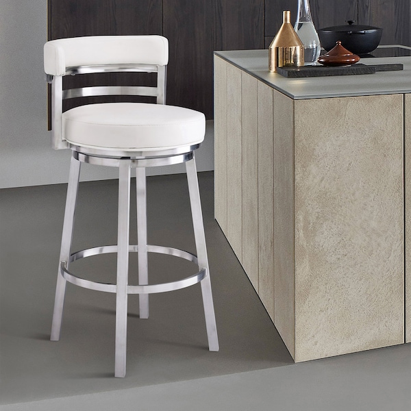 Armen Living Madrid 26" Counter Height Swivel White Faux Leather and Brushed Stainless Steel Bar Stool - LCMABABSWH26