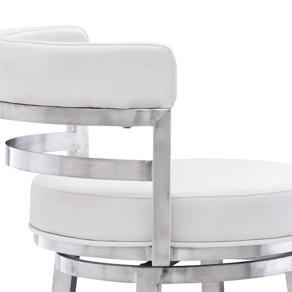 Armen Living Madrid 26" Counter Height Swivel White Faux Leather and Brushed Stainless Steel Bar Stool - LCMABABSWH26