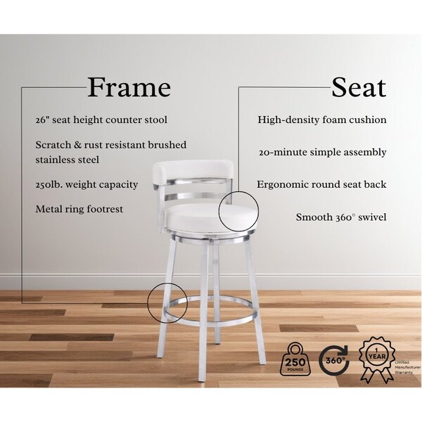 Armen Living Madrid 26" Counter Height Swivel White Faux Leather and Brushed Stainless Steel Bar Stool - LCMABABSWH26