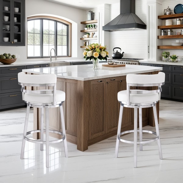 Armen Living Madrid 26" Counter Height Swivel White Faux Leather and Brushed Stainless Steel Bar Stool - LCMABABSWH26