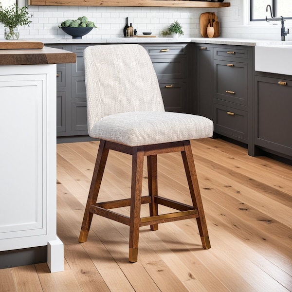 Armen Living Amalie Swivel Counter Stool in Brown Oak Wood Finish with Beige Fabric - 840254332072