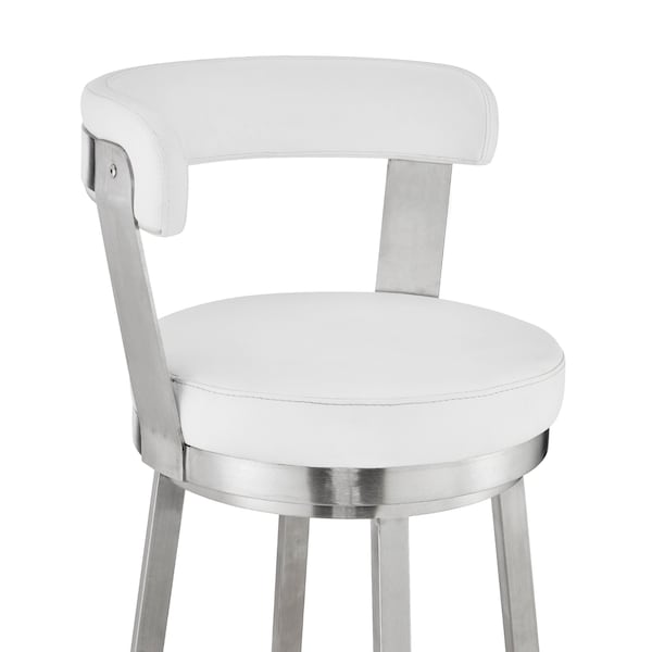 Armen Living Bryant 26" Counter Height Swivel Bar Stool in Brushed Stainless Steel Finish and White Faux Leather - LCBYBABSWH26