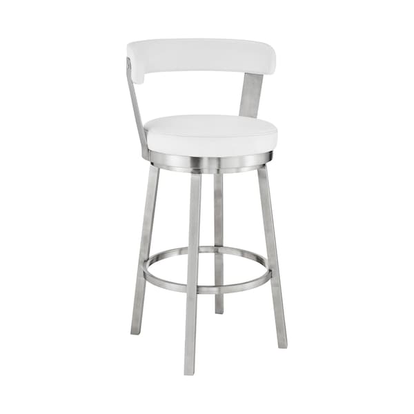 Armen Living Bryant 26" Counter Height Swivel Bar Stool in Brushed Stainless Steel Finish and White Faux Leather - LCBYBABSWH26
