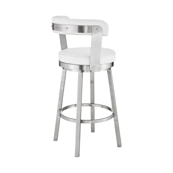 Armen Living Bryant 26" Counter Height Swivel Bar Stool in Brushed Stainless Steel Finish and White Faux Leather - LCBYBABSWH26