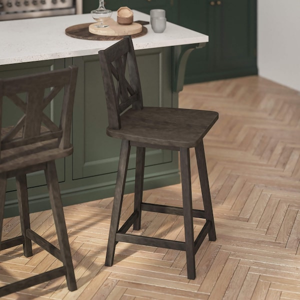 Flash Furniture Gwendolyn Commercial Solid Wood Modern Farmhouse Swivel Counter Height Barstool in Gray Wash Walnut - ES-G1-24-GY-GG