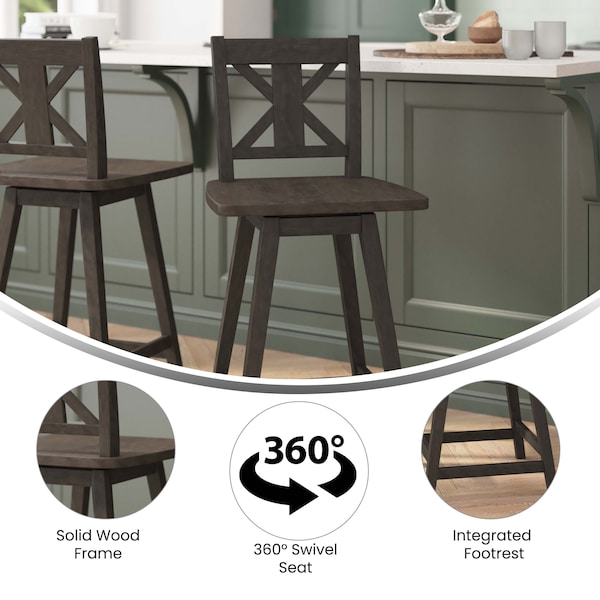 Flash Furniture Gwendolyn Commercial Solid Wood Modern Farmhouse Swivel Counter Height Barstool in Gray Wash Walnut - ES-G1-24-GY-GG