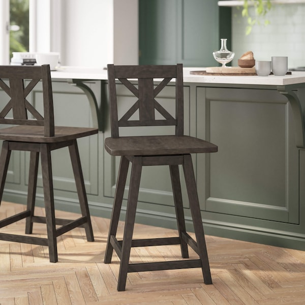 Flash Furniture Gwendolyn Commercial Solid Wood Modern Farmhouse Swivel Counter Height Barstool in Gray Wash Walnut - ES-G1-24-GY-GG